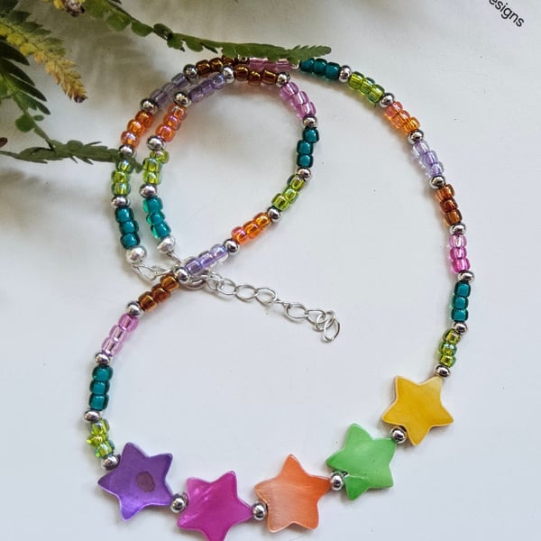 Boho Mother of Pearl Star & Seed Bead Multicoloured Necklace 