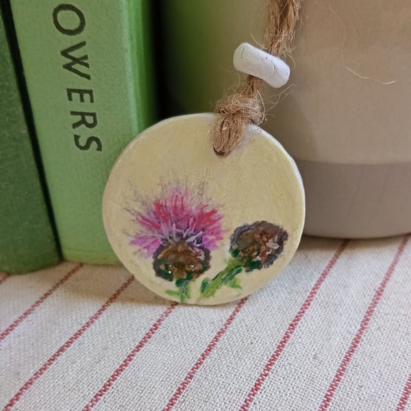 Knapweed clay imprinted and hand painted gift tag
