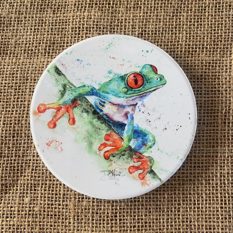 Tree Frog Ceramic Coaster with Cork Base, Large 10cm Round Coaster. From a Water
