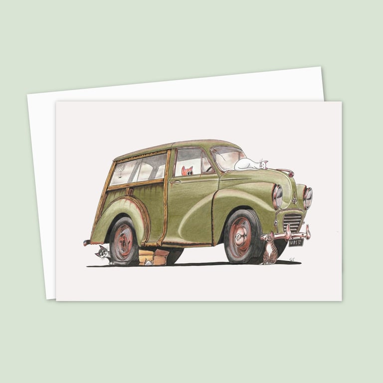 Moggies Greetings Card: Classic Morris Traveller and Cute Cats (324)