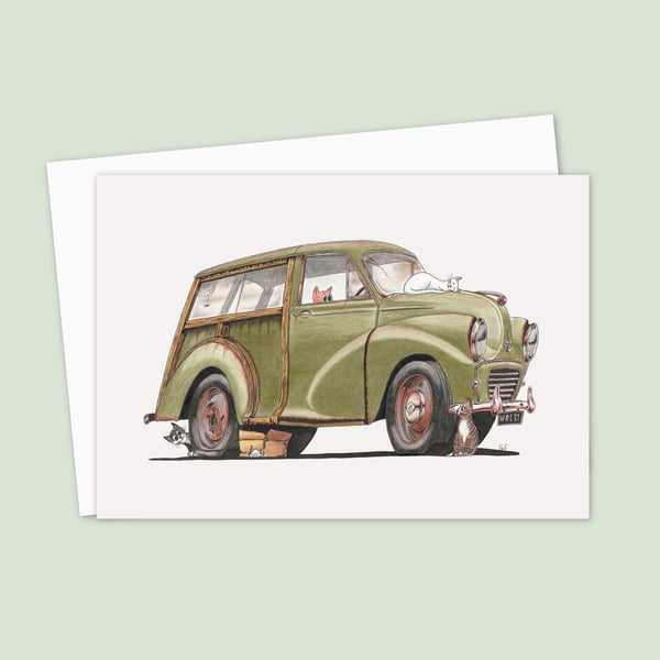 Moggies Greetings Card: Classic Morris Traveller and Cute Cats (324)