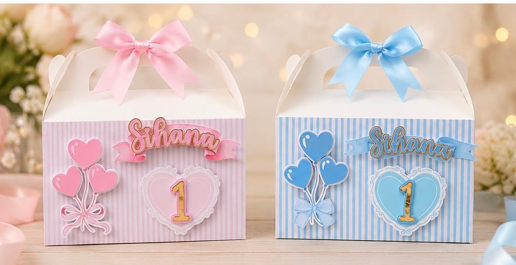  Personalised Bow Heart Pink or Blue 1st Birthday Party Favour Boxes, Set of 6