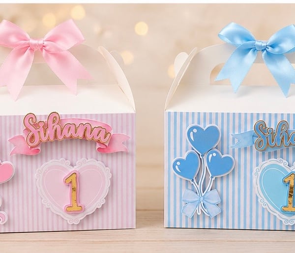 Personalised Bow Heart Pink or Blue 1st Birthday Party Favour Boxes, Set of 6