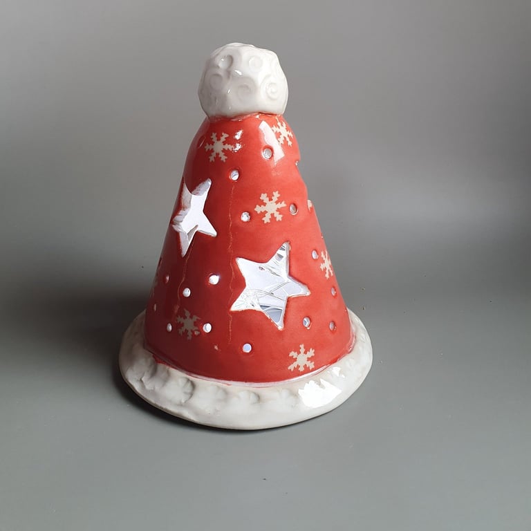 Christmas Decoration Red Santa Hat Tea Light Lantern 