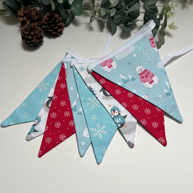 Handmade Fabric Bunting 8 Flags in Christmas Polar Bear & Penguin Design