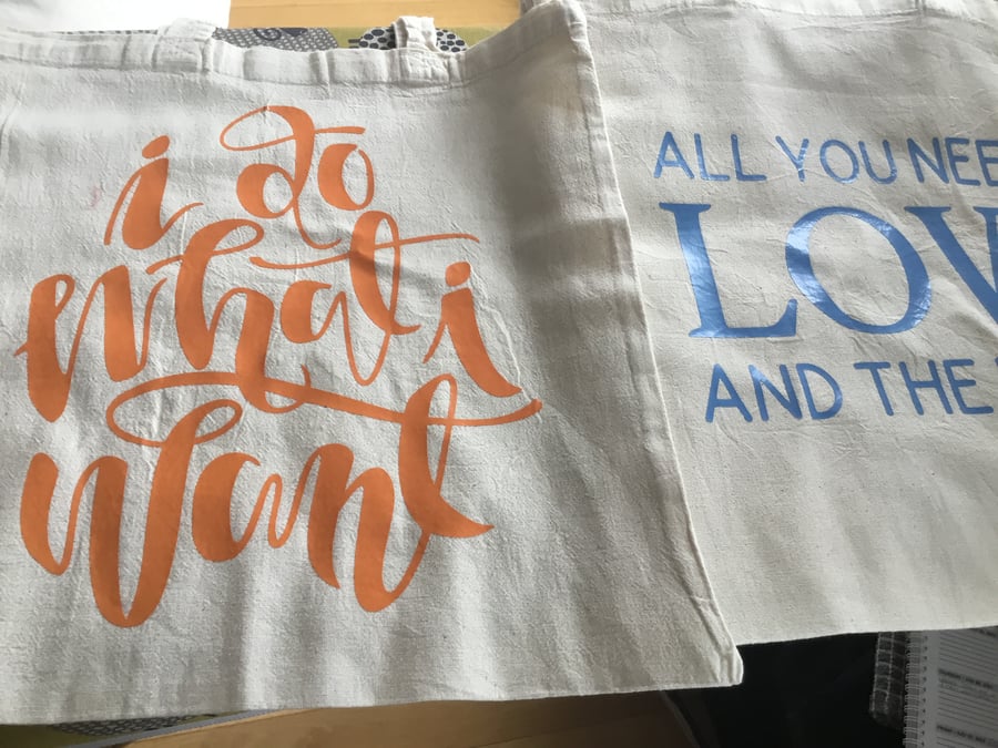 Recycled tote bags. Random selection bag. Shopping bag.