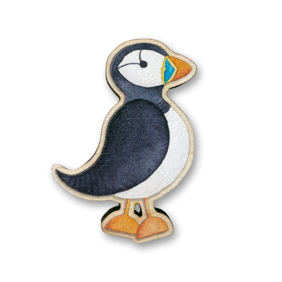 Wooden Pin Badge - Puffin - Maple Wood Brooch - Seaside Accessories and Gifts