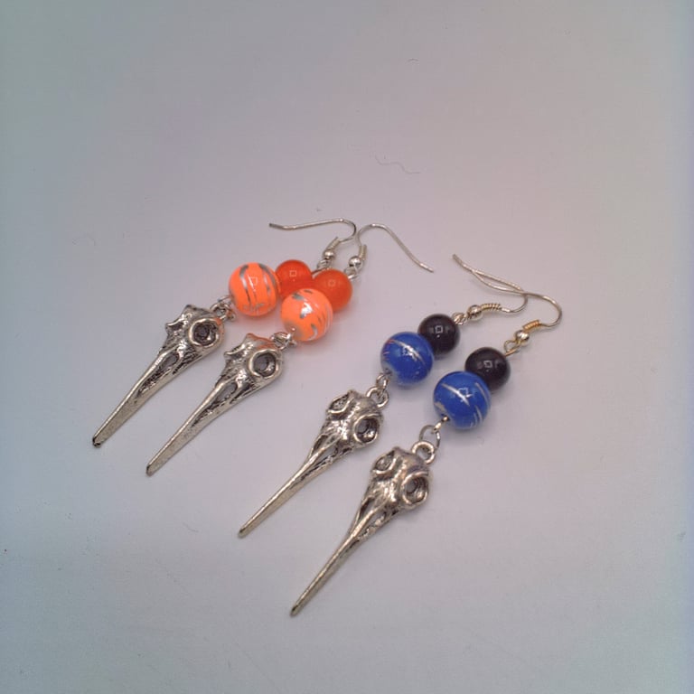 Bird's Skull Charm Earrings with a Choice of Bead Colour, Halloween Earrings
