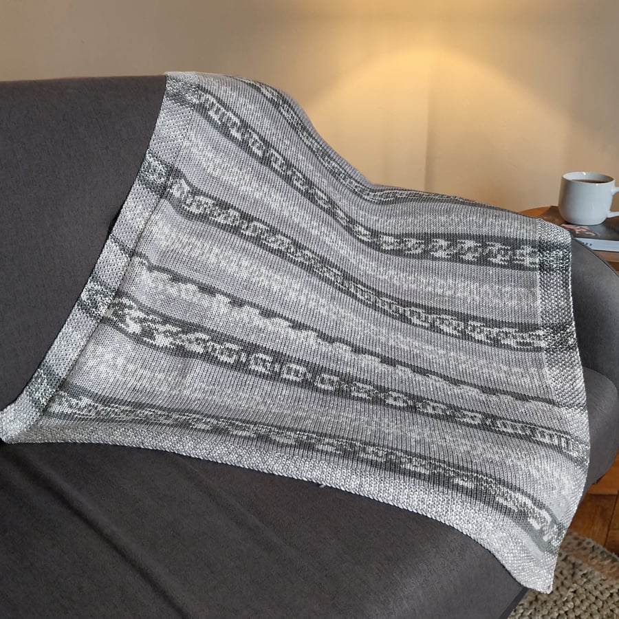 Hand Knitted Fair Isle Baby Blanket Grey Cream Neutral Newborn Gift