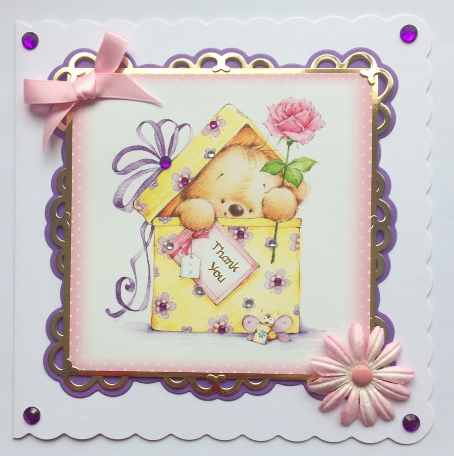 3D Luxury Handmade Card Cute Teddy Bear With Pink Rose Thank You Gift