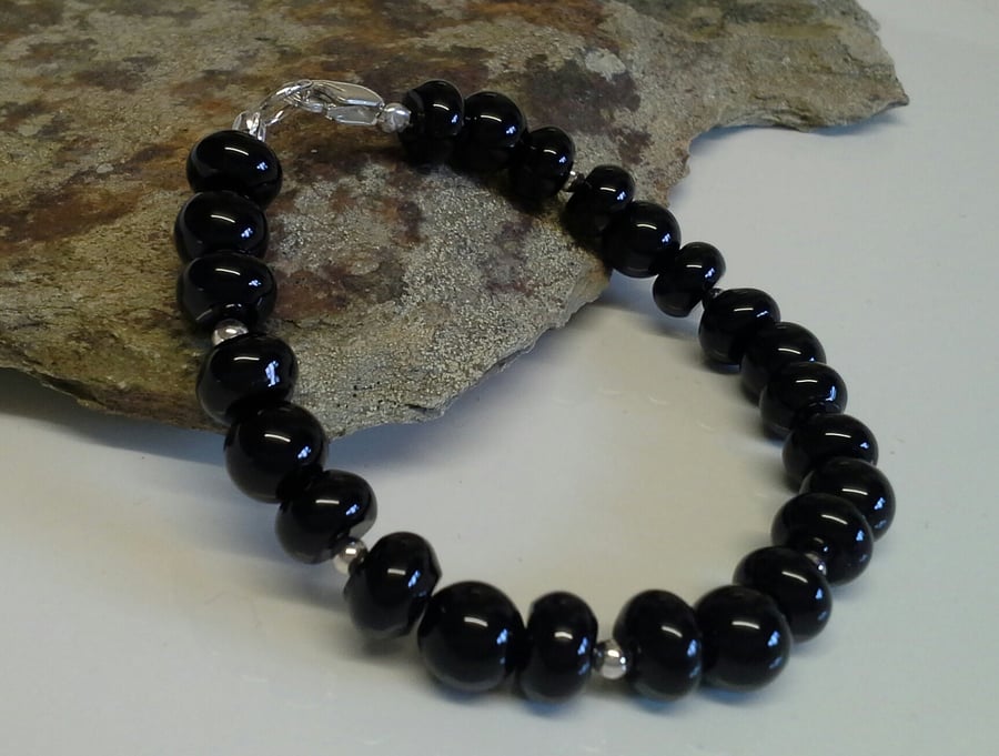 Genuine Black Onyx Pebble Bracelet 925 Sterling Silver