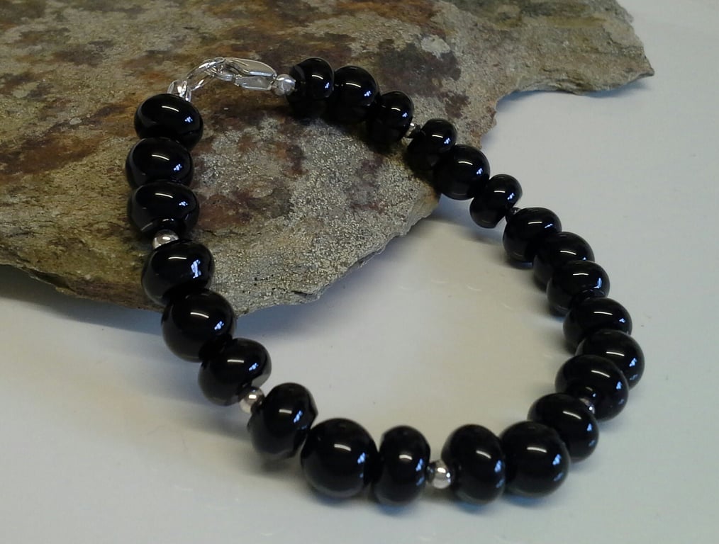 Genuine Black Onyx Pebble Bracelet Sterling Silver