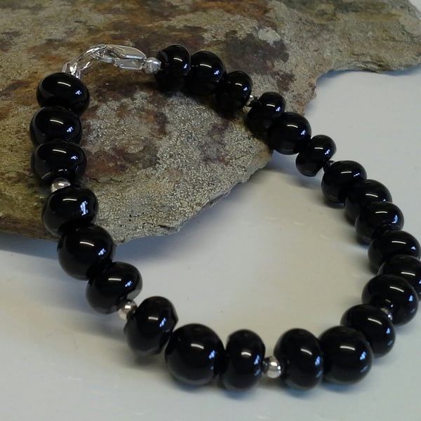 Genuine Black Onyx Pebble Bracelet 925 Sterling Silver