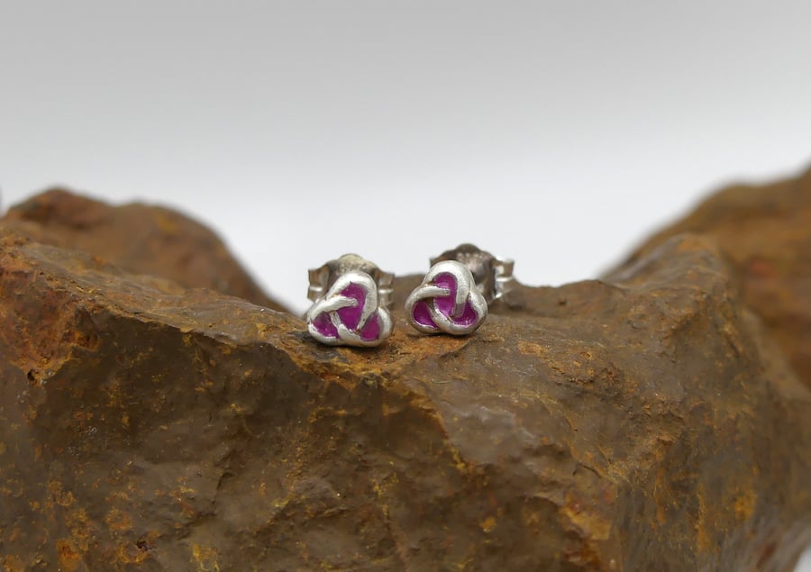 Recycled Sterling Silver Trinity Knot Stud Earrings with a Pink Patina.
