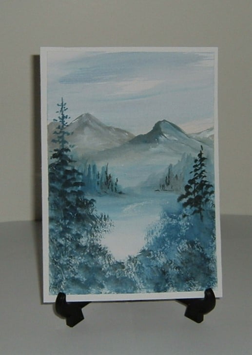 Original art watercolour landscape mountain scene painting ( ref F 824 )