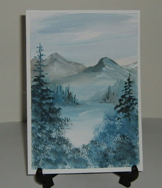 Original art watercolour landscape mountain scene painting ( ref F 824 )
