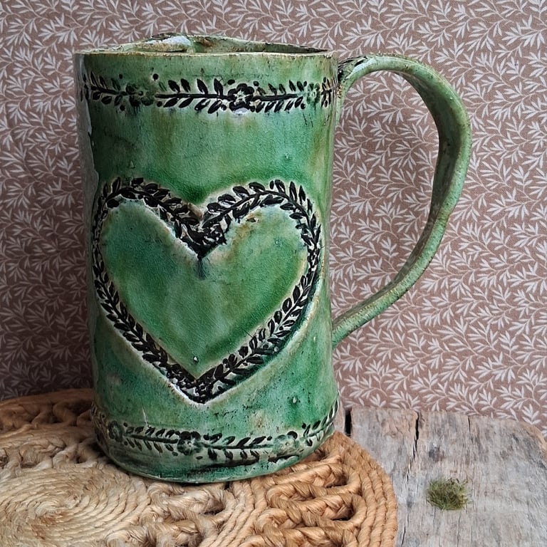Xl folk art heart Ceramic handmade coffee mug emerald green
