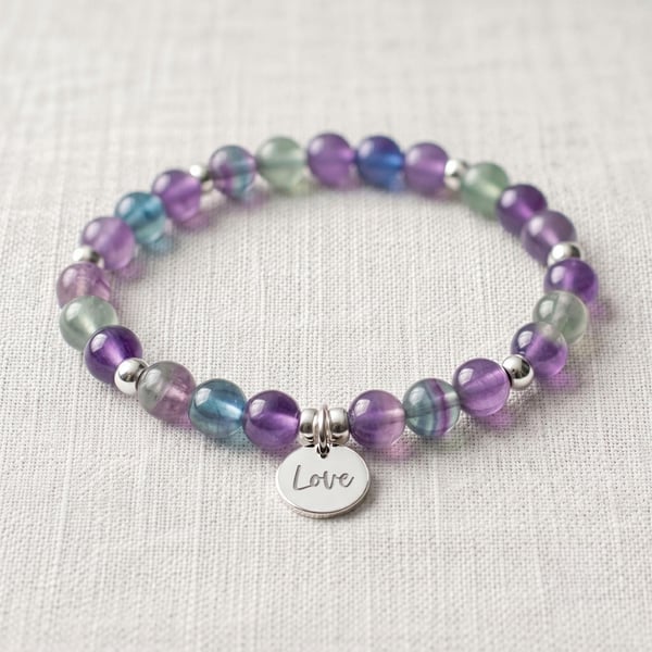 Fluorite Crystal Bracelet, Focus & Clarity, Personalised Engraved Gift