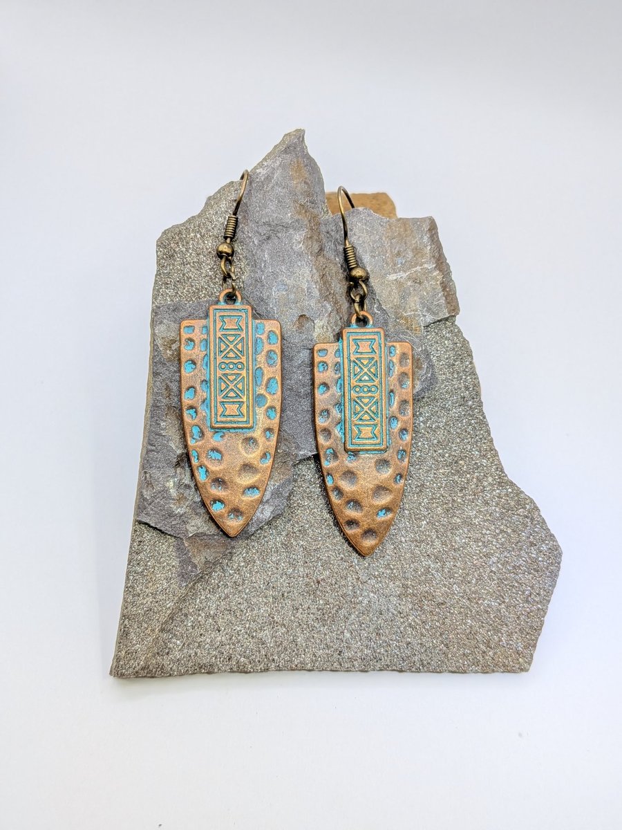 Artisan Native american Copper-Tone Shield Dangle Earrings with Turquoise Patina