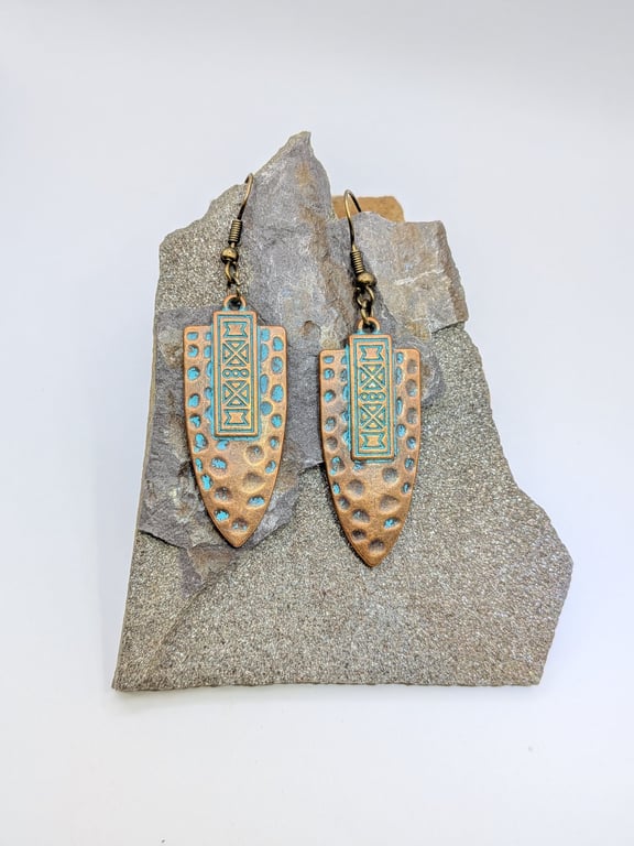 Artisan Native american Copper-Tone Shield Dangle Earrings with Turquoise Patina