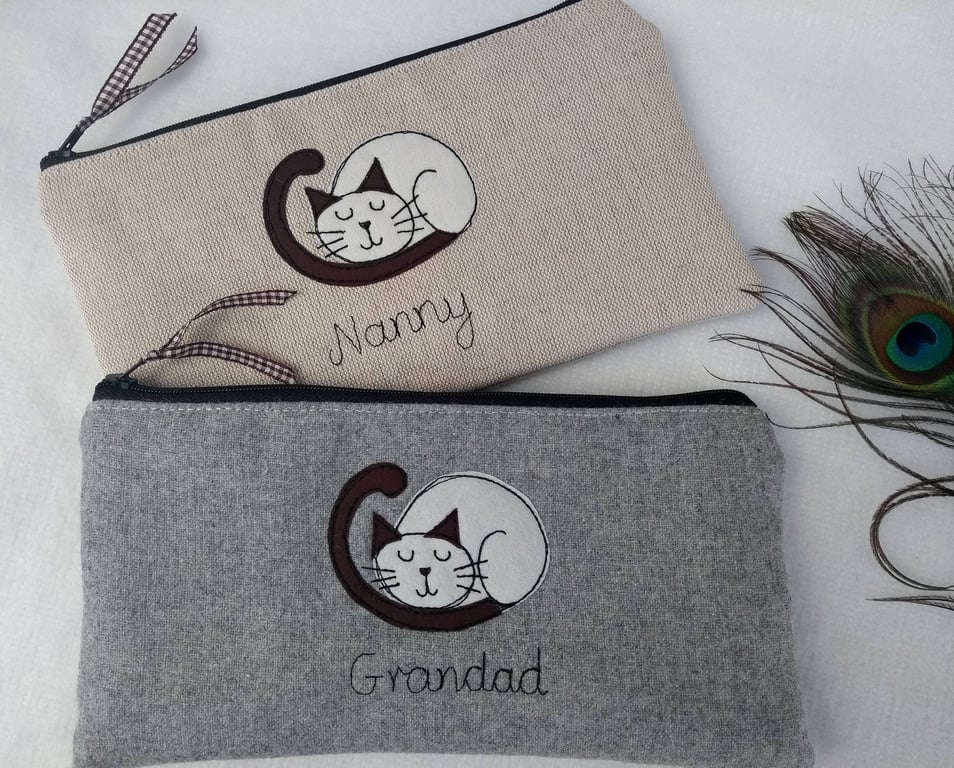 Personalised Sleeping Cat Pencil Case - Customised Grey Wool or Oatmeal Linen