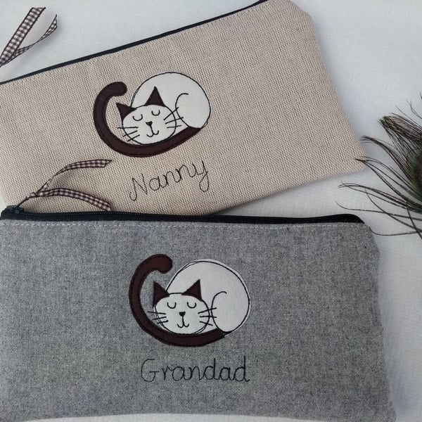 Personalised Sleeping Cat Pencil Case - Customised Grey Wool or Oatmeal Linen
