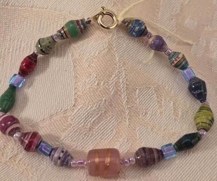 Fun glass and paper bead multicoloured bracelet