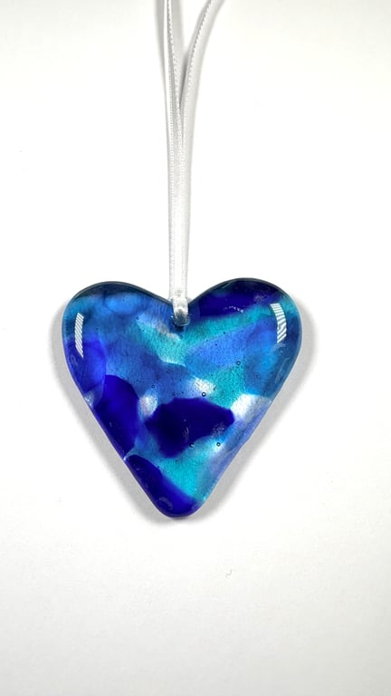 Shades of blue fused glass hanging heart