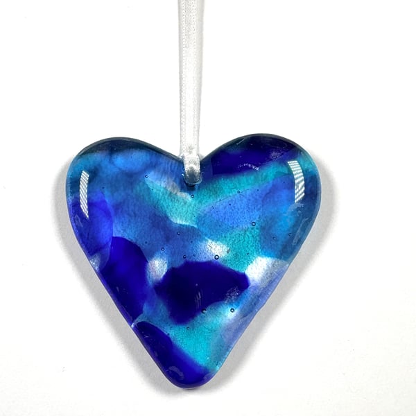 Shades of blue fused glass hanging heart