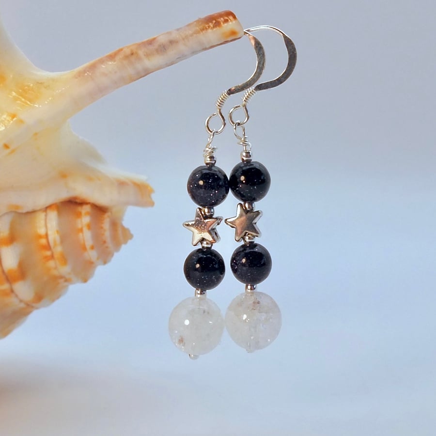 Crackle Quartz , Blue Goldstone & Silver Star Earrings - Birthday Gifts For Her