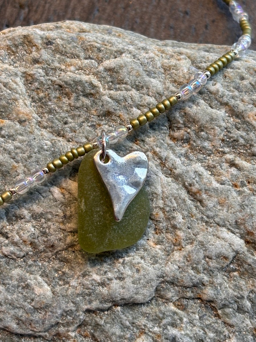 Necklace - Green Seaglass with Heart