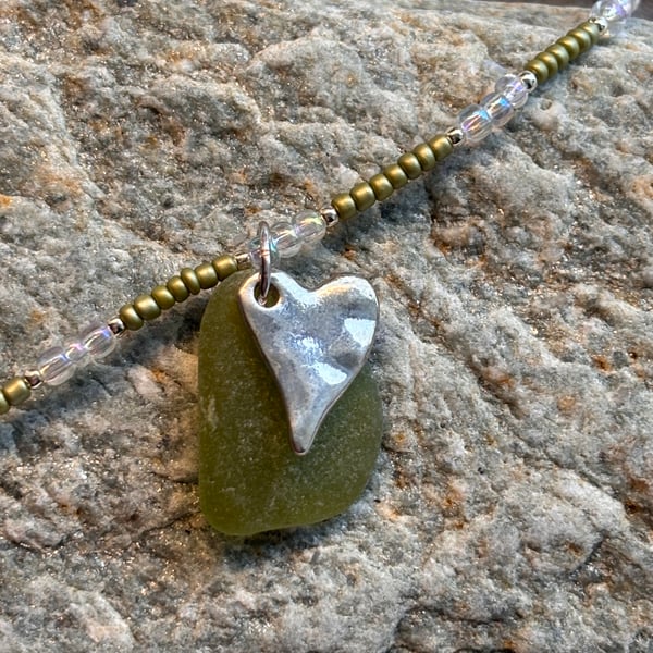 Necklace - Green Seaglass with Heart