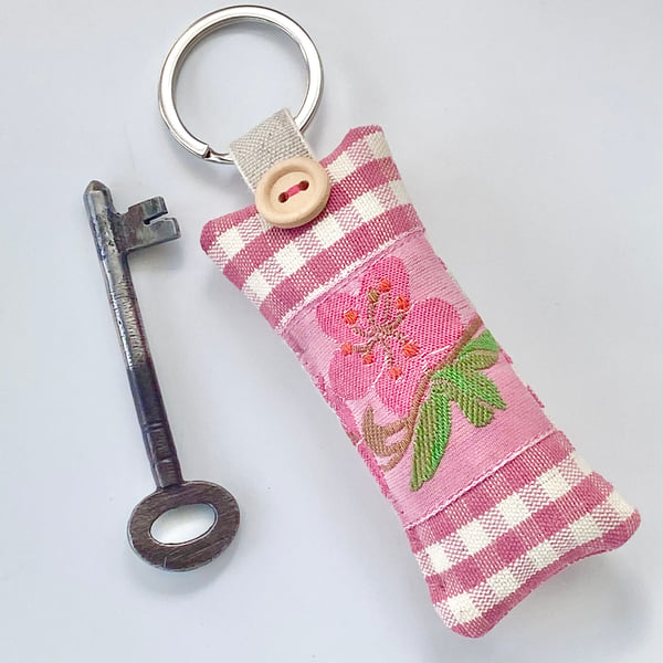 SALE ITEM - CHERRY BLOSSOM KEY RING - pink gingham - Folksy