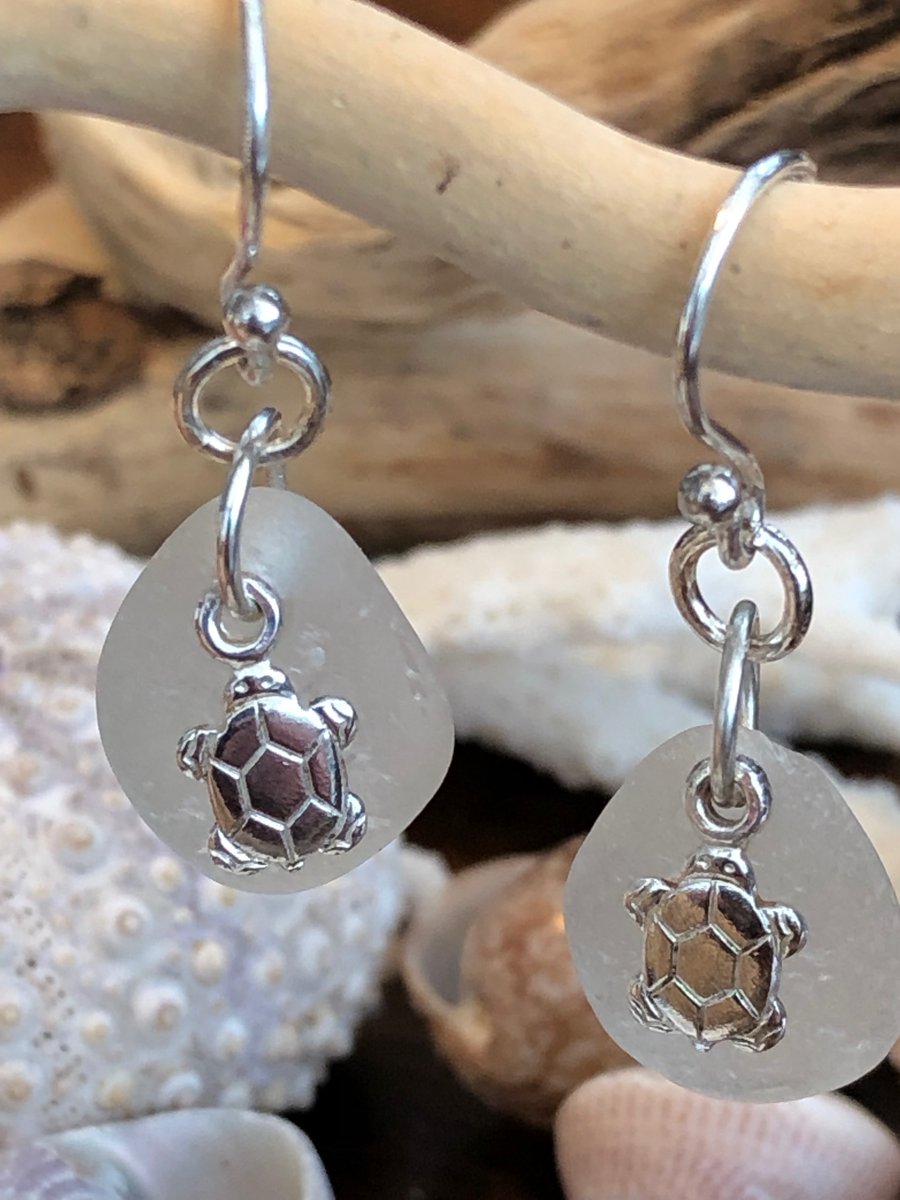Sterling Silver and Sea Glass Earrings with Turtle Charms