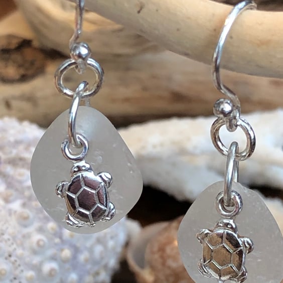 Sterling Silver and Sea Glass Earrings with Turtle Charms