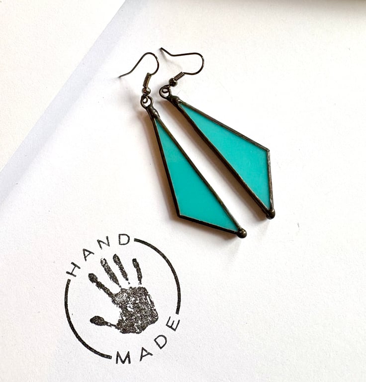 Stained glass marine blue statement shard dangle earrings, Gifts for her