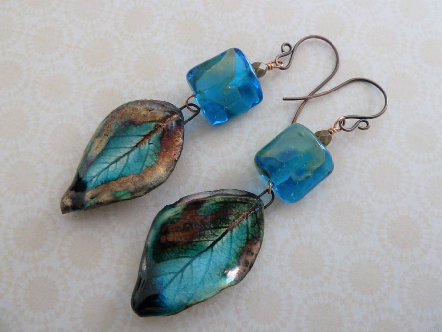 handmade blue leaf ceramic, lampwork and copper earrings