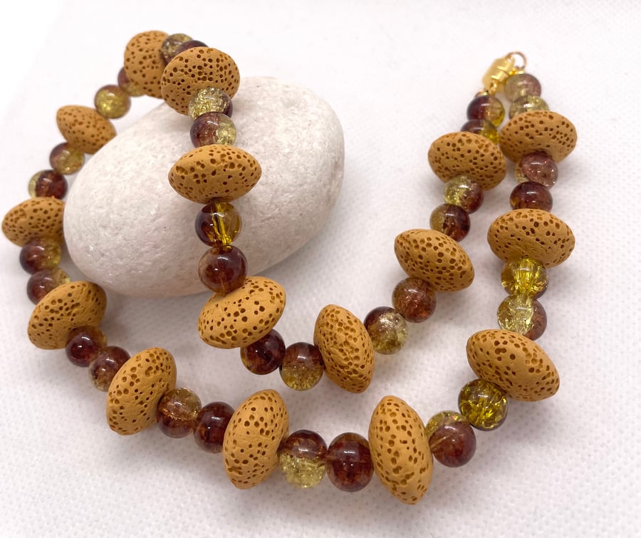 Golden Yellow Lava Rondelle Bead Necklace 