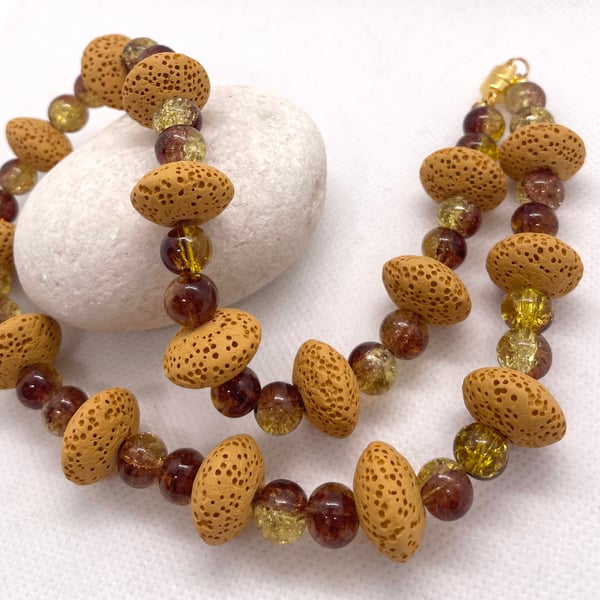 Golden Yellow Lava Rondelle Bead Necklace 