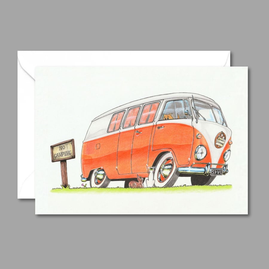 Camper Van Art Card: Hand Drawn Pencil Illustration - Cartoon Humour Card