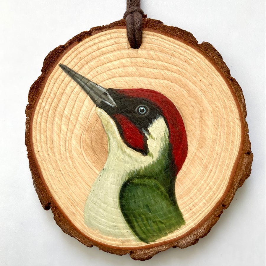 Green woodpecker wood slice hanging decoration