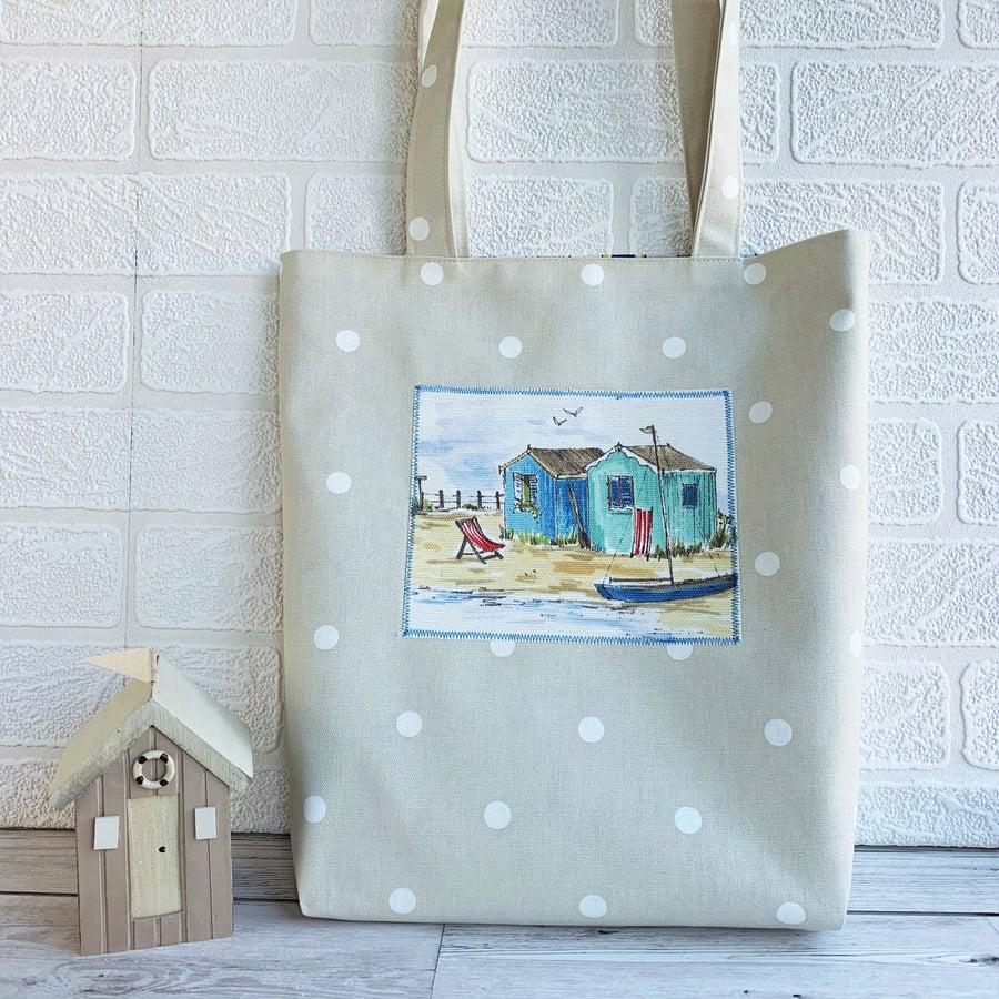 SOLD Beach huts and polka dot tote bag