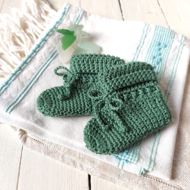Organic Baby Booties, certified cotton, sage green, 0-6 months