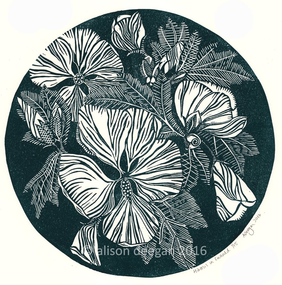 Original lino cut print HIBISCUS IN EMERALD flowers blooms wall art