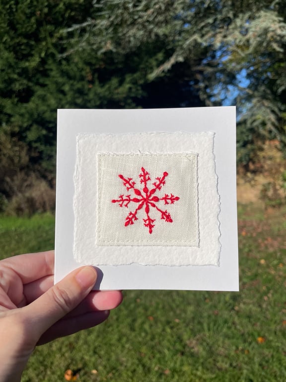 Red snowflake, hand embroidered 'Scandi' Christmas card, recycled card
