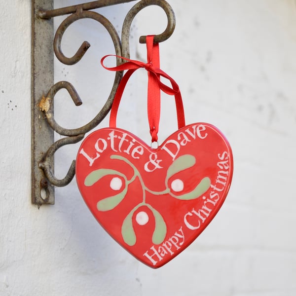 Personalised Red Mistletoe Heart - Hand Painted