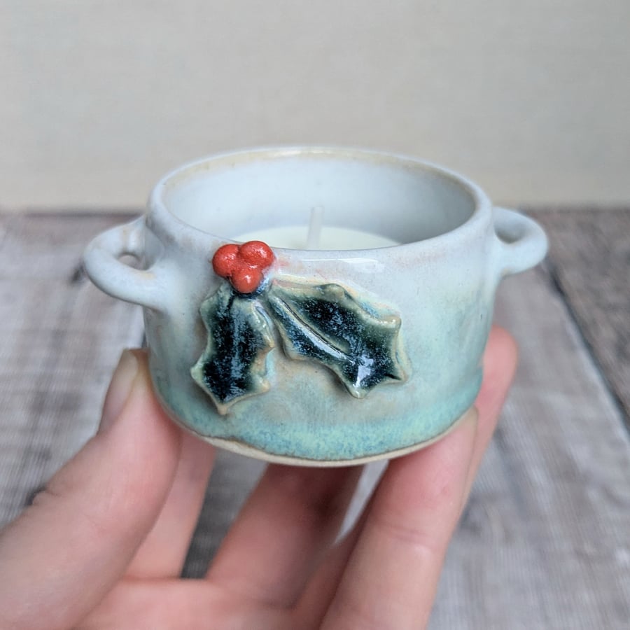 Perfectly imperfect Ceramic tealight with holly
