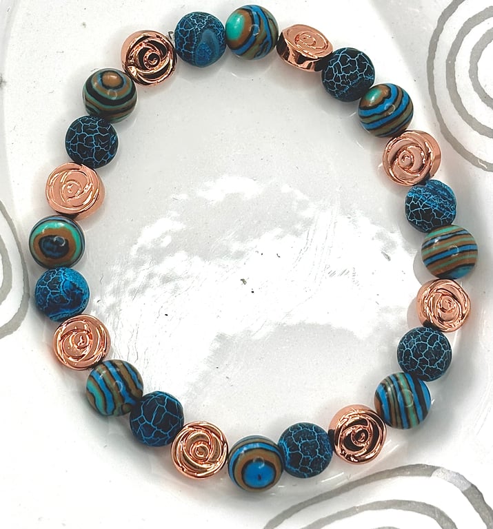 Rose Gold Hematite Bracelet with Matt Blue Volcanic Beads