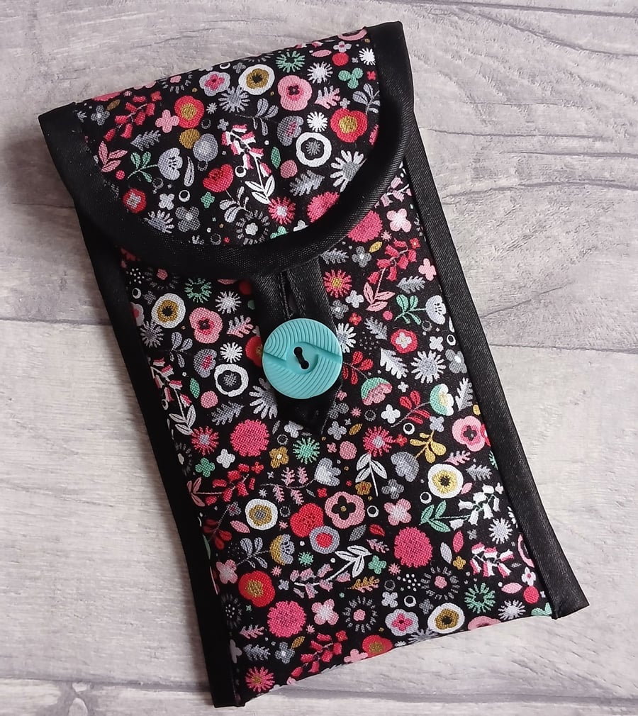 Pink, Grey, Duckegg Floral Print on Black Glasses Case, Phone Case Storage Pouch
