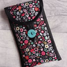 Pink, Grey, Duckegg Floral Print on Black Glasses Case, Phone Case Storage Pouch